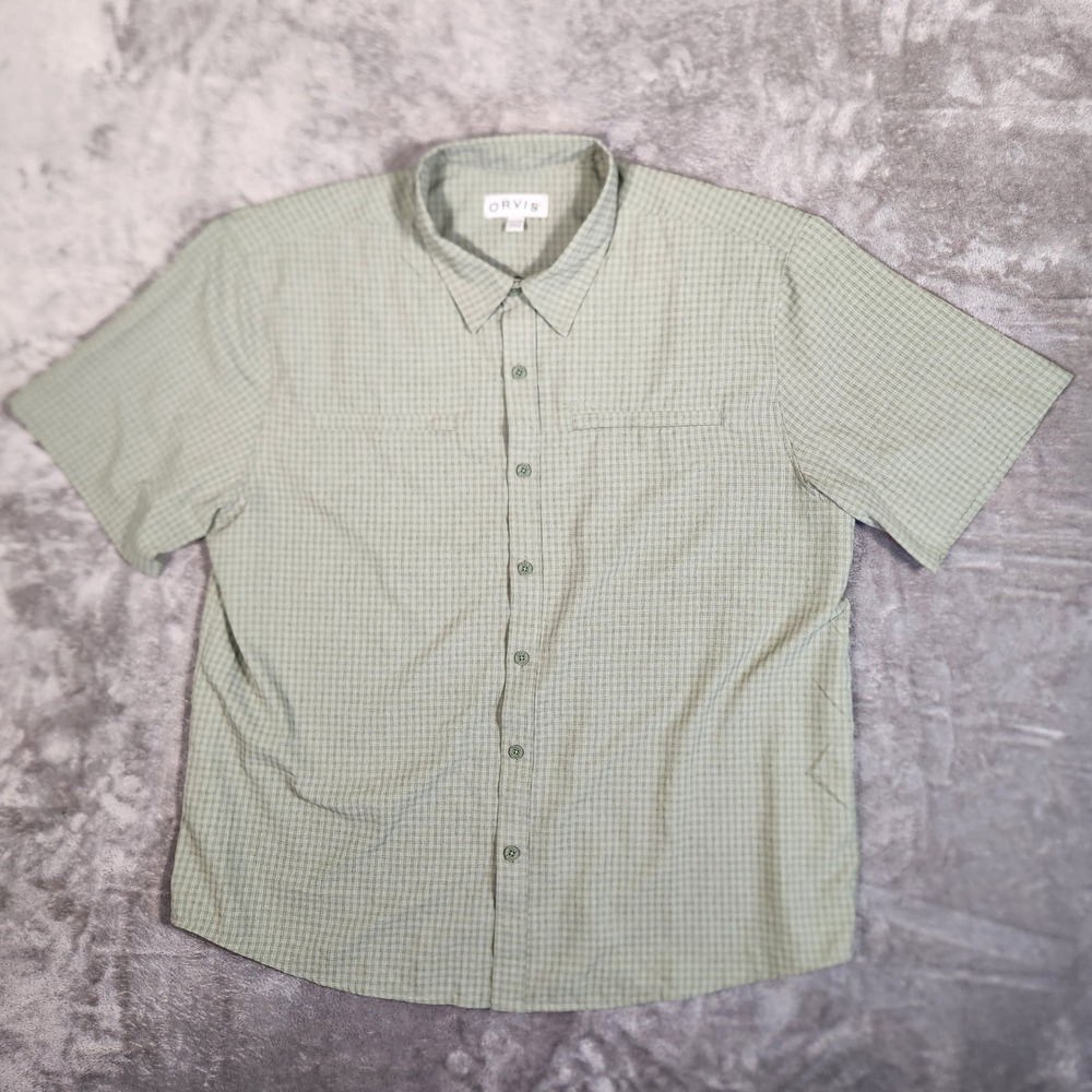 Orvis Button Down Shirt Mens XXL Green Excellent Plaid Short Sleeve Polyester